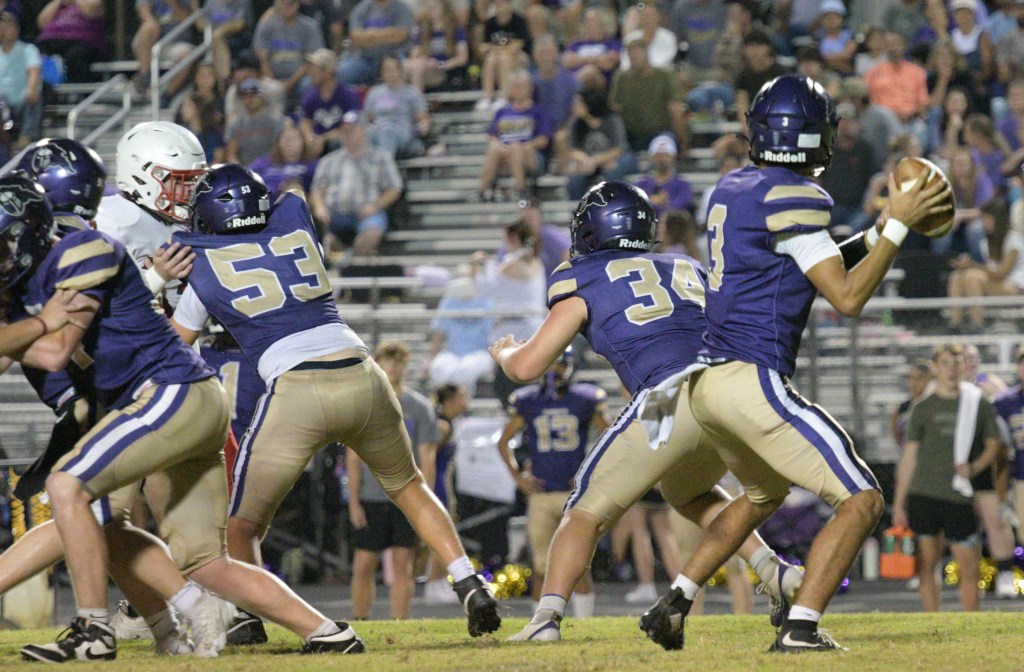 Centerpoint quarterback Tony Valdez falls back to pass. He is protected by blockers including Gunner Kerberskey (#53) and Hayden Dodson (#34).